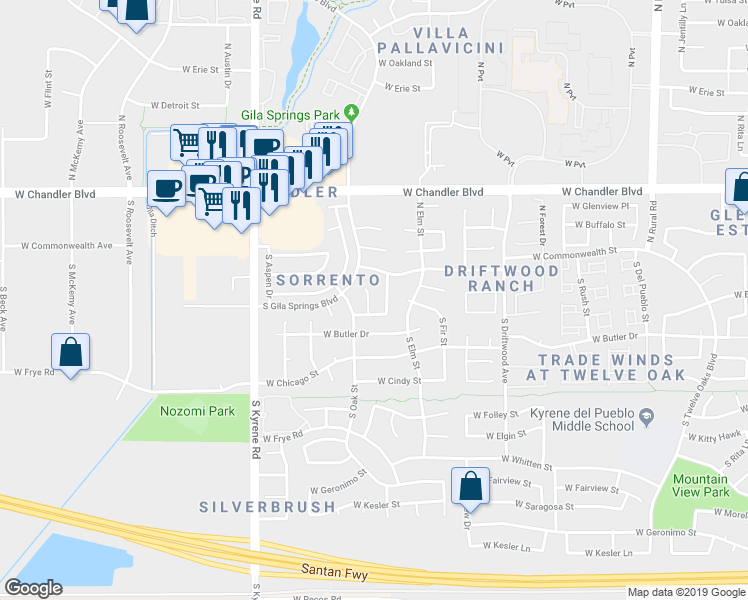 map of restaurants, bars, coffee shops, grocery stores, and more near 97 South Cypress Court in Chandler