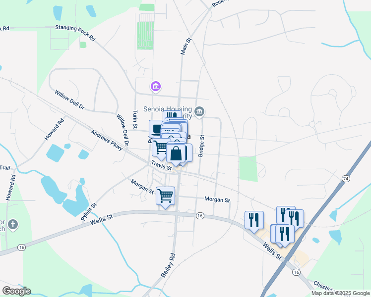 map of restaurants, bars, coffee shops, grocery stores, and more near 252 Seavy Street in Senoia