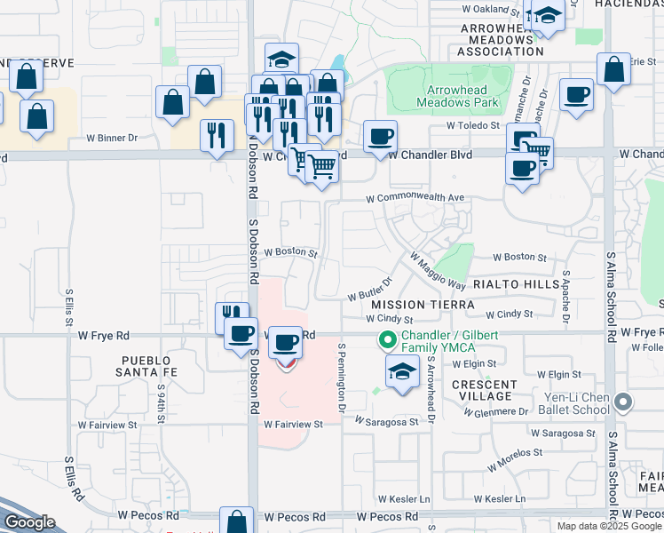 map of restaurants, bars, coffee shops, grocery stores, and more near 101 South Yucca Street in Chandler