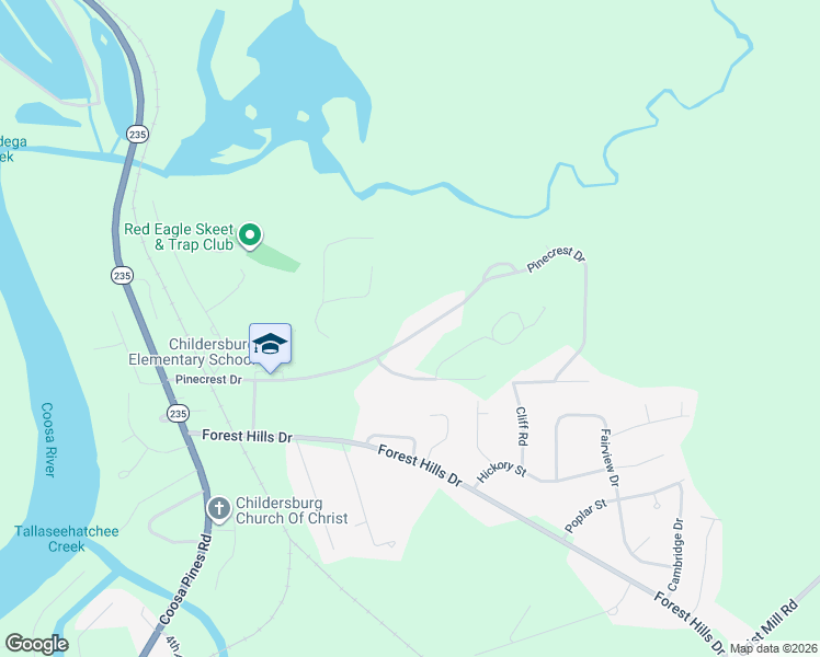 map of restaurants, bars, coffee shops, grocery stores, and more near 589 Pinecrest Drive in Childersburg