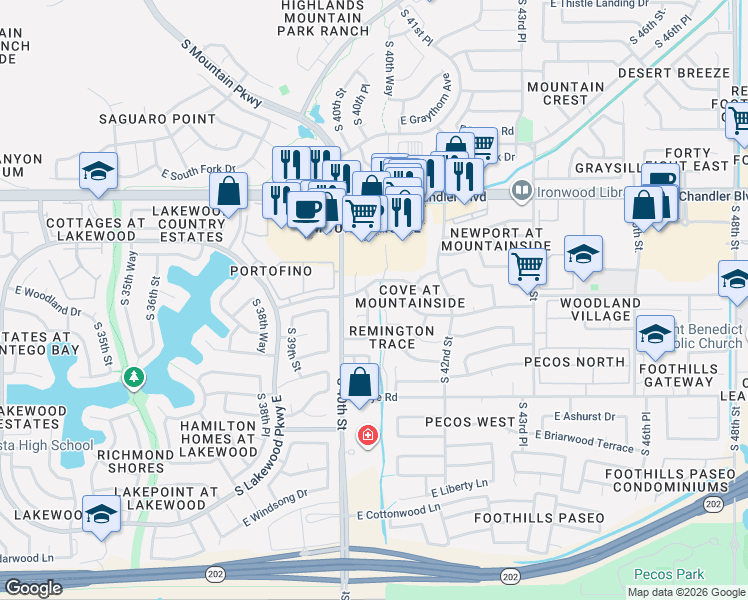 map of restaurants, bars, coffee shops, grocery stores, and more near 16009 South 40th Way in Phoenix