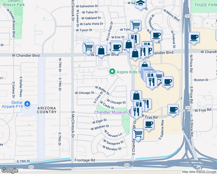 map of restaurants, bars, coffee shops, grocery stores, and more near 169 South Criss Street in Chandler
