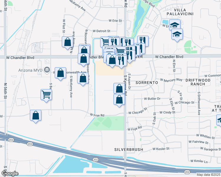 map of restaurants, bars, coffee shops, grocery stores, and more near 6100 West Gila Springs Place in Chandler