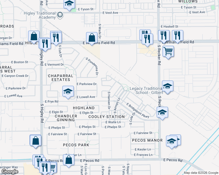 map of restaurants, bars, coffee shops, grocery stores, and more near 3675 East Parkview Drive in Gilbert