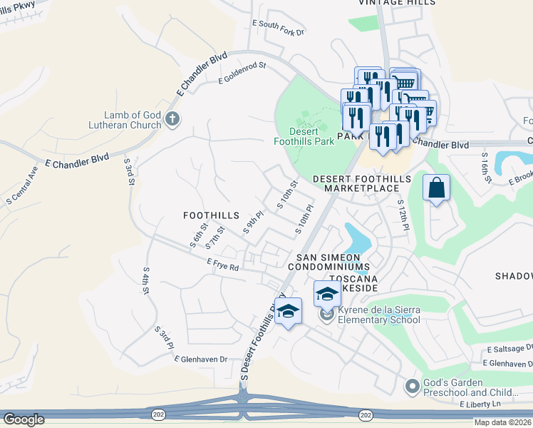 map of restaurants, bars, coffee shops, grocery stores, and more near 16003 South 9th Place in Phoenix