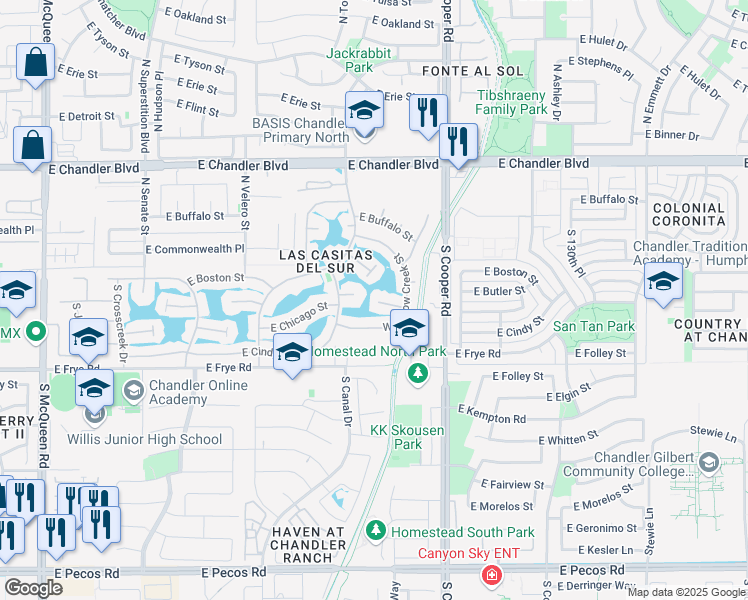 map of restaurants, bars, coffee shops, grocery stores, and more near 1740 East Boston Circle in Chandler