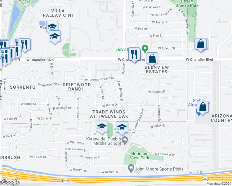 map of restaurants, bars, coffee shops, grocery stores, and more near 5059 W Boston Way in Chandler