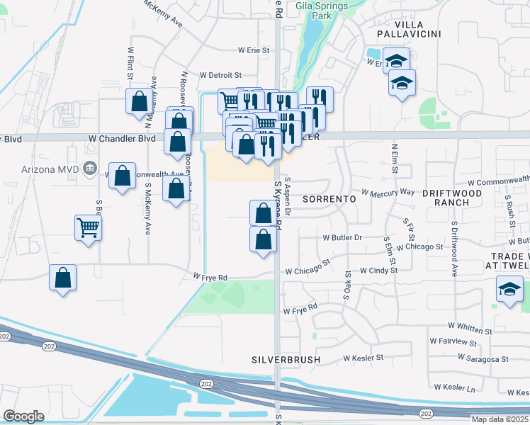 map of restaurants, bars, coffee shops, grocery stores, and more near 124 West Gila Springs Place in Chandler