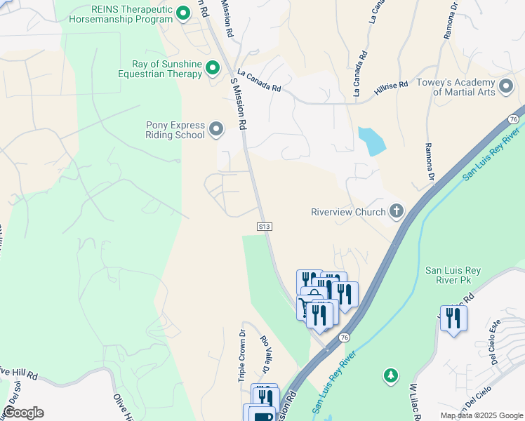 map of restaurants, bars, coffee shops, grocery stores, and more near 1425 South Mission Road in Fallbrook