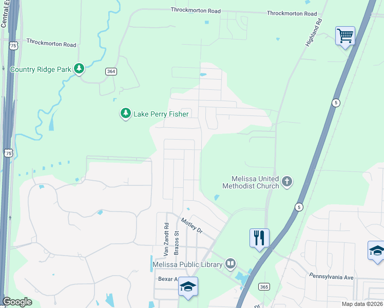 map of restaurants, bars, coffee shops, grocery stores, and more near 3825 Mason Drive in Melissa