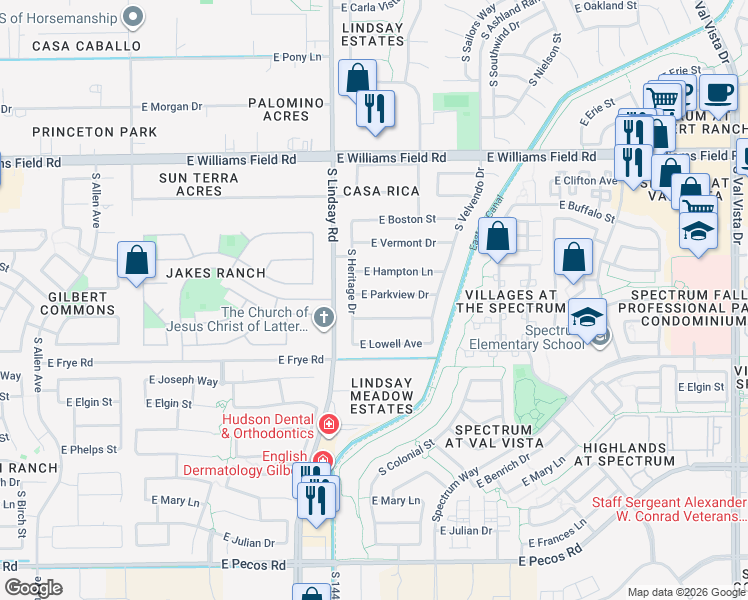 map of restaurants, bars, coffee shops, grocery stores, and more near 881 East Parkview Drive in Gilbert