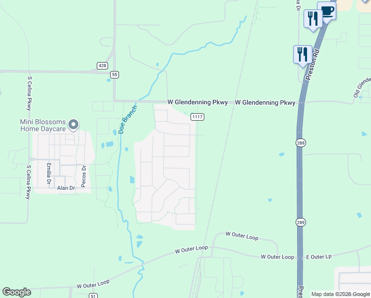map of restaurants, bars, coffee shops, grocery stores, and more near 712 Bretallow Drive in Celina