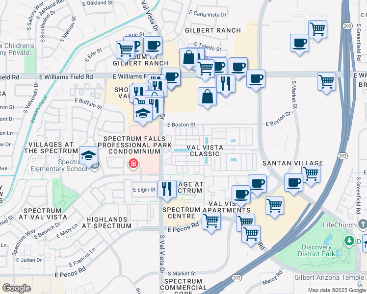 map of restaurants, bars, coffee shops, grocery stores, and more near 1651 East Hampton Lane in Gilbert