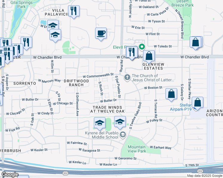 map of restaurants, bars, coffee shops, grocery stores, and more near 5067 West Boston Way South in Chandler