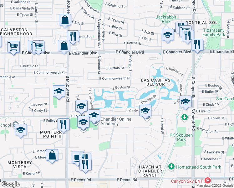 map of restaurants, bars, coffee shops, grocery stores, and more near 213 South Windstream Place in Chandler