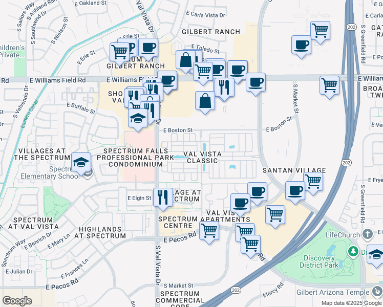 map of restaurants, bars, coffee shops, grocery stores, and more near 1723 East Hampton Lane in Gilbert