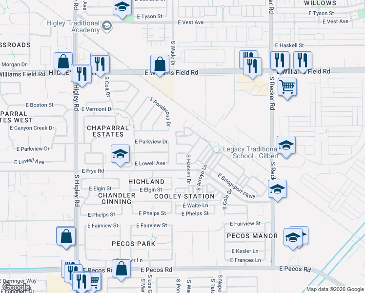 map of restaurants, bars, coffee shops, grocery stores, and more near 3675 East Parkview Drive in Gilbert