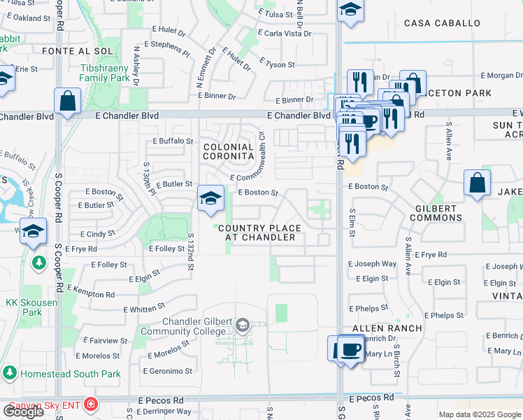 map of restaurants, bars, coffee shops, grocery stores, and more near 13325 Jupiter Way in Chandler