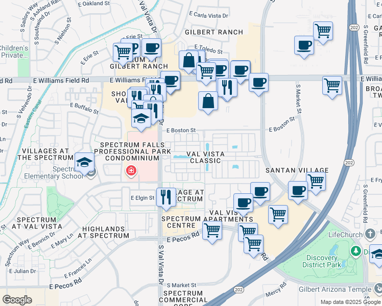 map of restaurants, bars, coffee shops, grocery stores, and more near 1723 East Hampton Lane in Gilbert