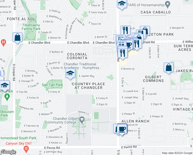 map of restaurants, bars, coffee shops, grocery stores, and more near 16035 South Country Place in Chandler