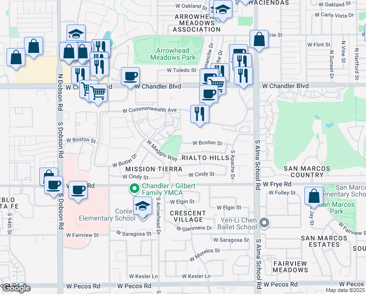 map of restaurants, bars, coffee shops, grocery stores, and more near 151 South Sean Drive in Chandler
