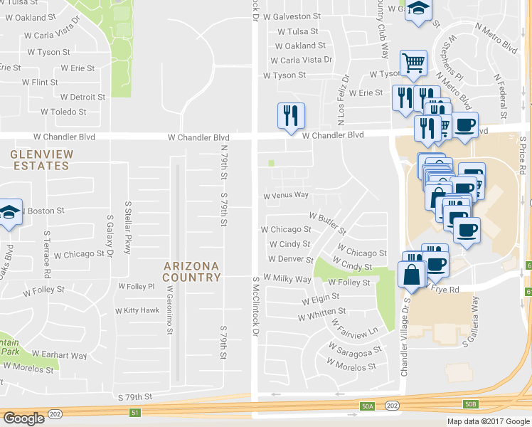 map of restaurants, bars, coffee shops, grocery stores, and more near 3988 West Butler Street in Chandler