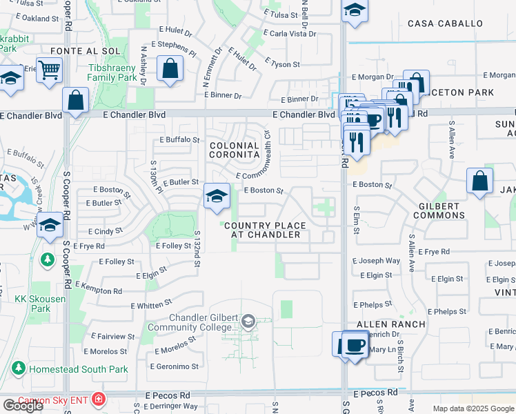 map of restaurants, bars, coffee shops, grocery stores, and more near 13325 Jupiter Way in Chandler