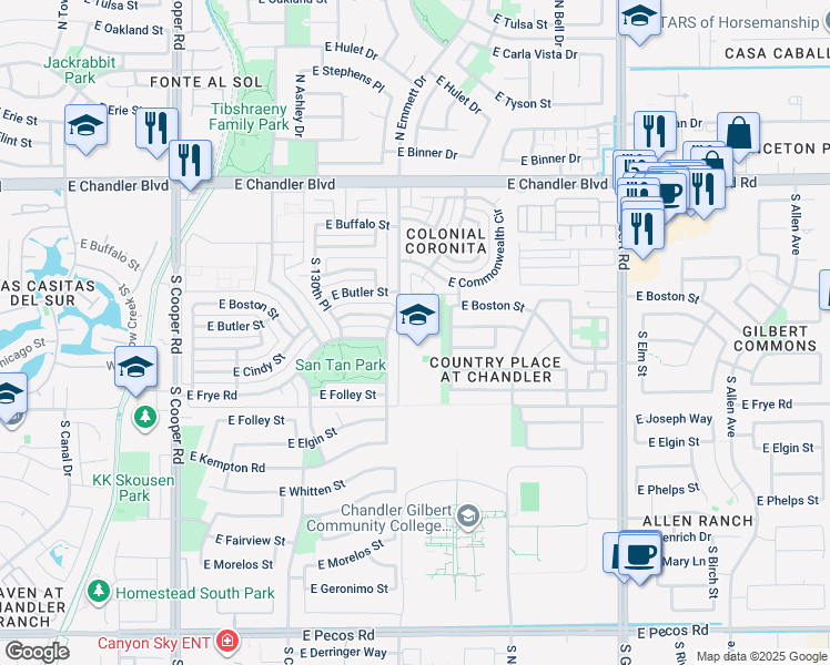 map of restaurants, bars, coffee shops, grocery stores, and more near 125 South 132nd Street in Chandler