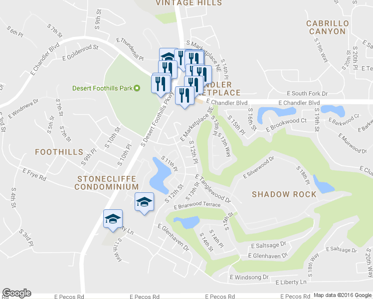map of restaurants, bars, coffee shops, grocery stores, and more near 1215 East Hiddenview Drive in Phoenix