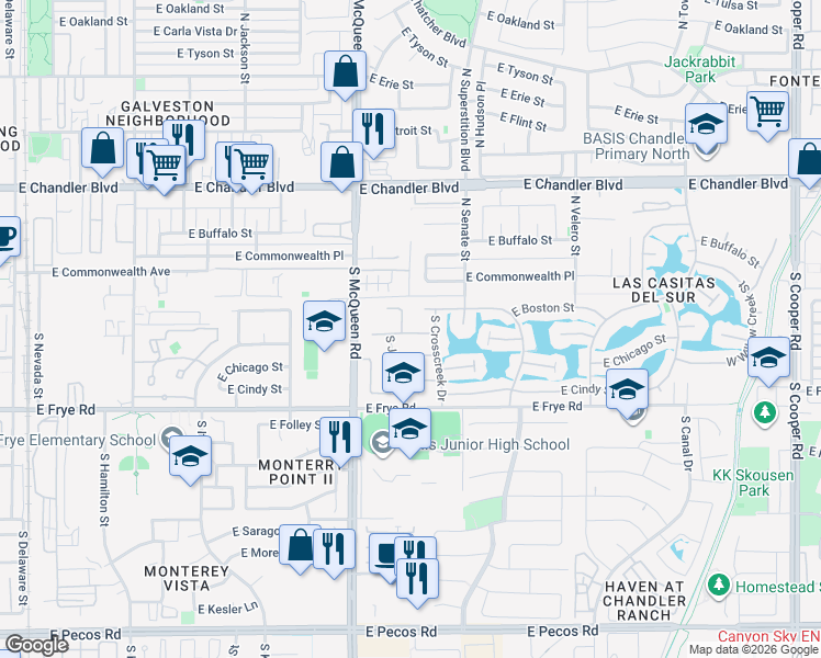 map of restaurants, bars, coffee shops, grocery stores, and more near 171 South Bedford Drive in Chandler