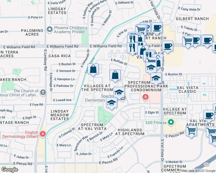 map of restaurants, bars, coffee shops, grocery stores, and more near 2684 South Nielson Street in Gilbert