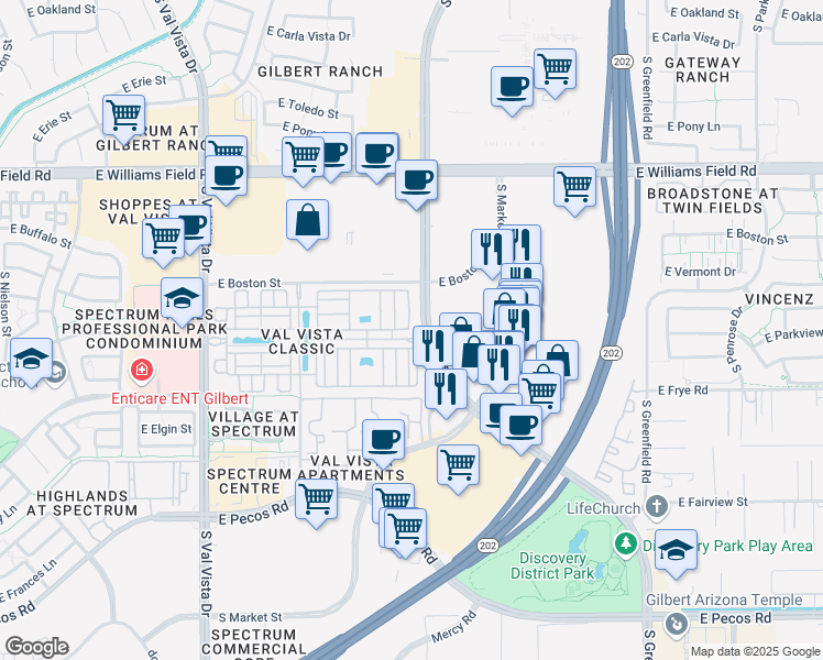 map of restaurants, bars, coffee shops, grocery stores, and more near 2686 South Santan Village Parkway in Gilbert
