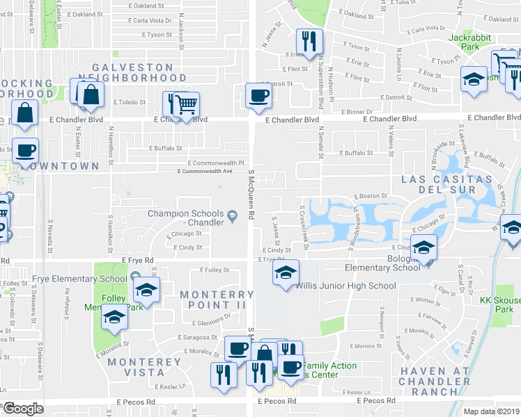 map of restaurants, bars, coffee shops, grocery stores, and more near 1060 East Jupiter Place in Chandler