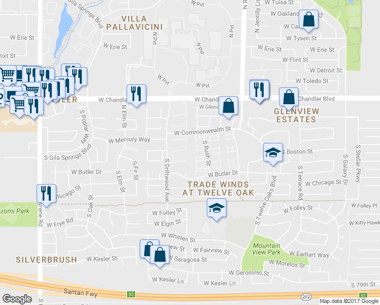 map of restaurants, bars, coffee shops, grocery stores, and more near 71 S Forest Dr in Chandler