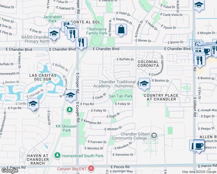 map of restaurants, bars, coffee shops, grocery stores, and more near 2140 E Boston St in Chandler
