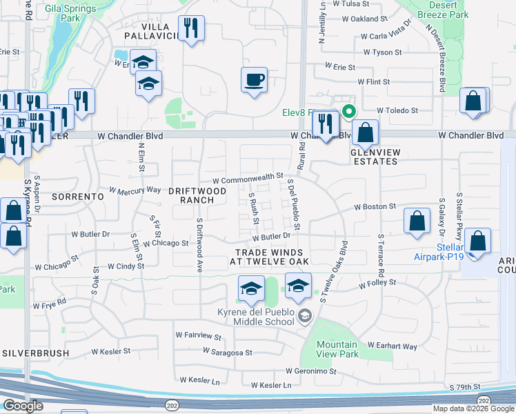 map of restaurants, bars, coffee shops, grocery stores, and more near 5155 West Boston Way South in Chandler