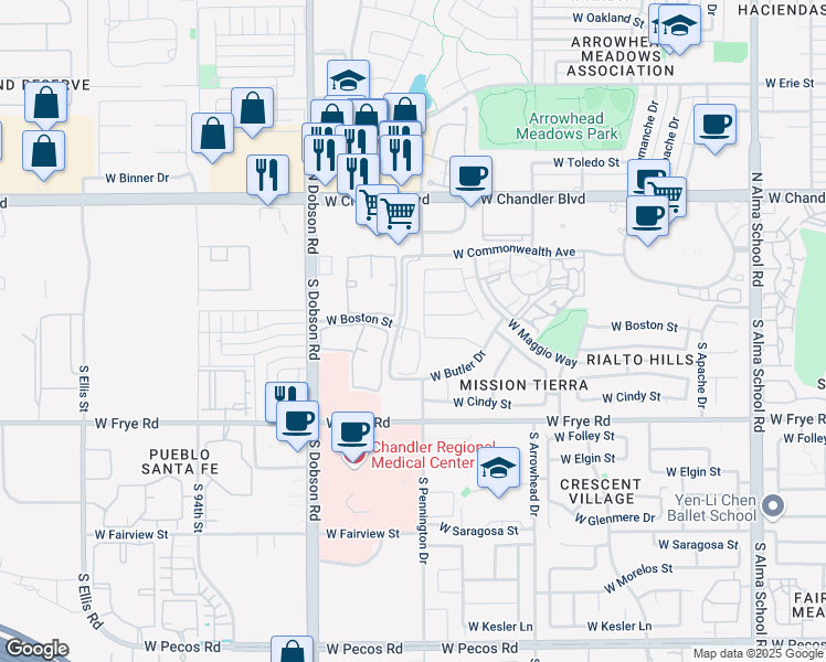 map of restaurants, bars, coffee shops, grocery stores, and more near 101 South Yucca Street in Chandler