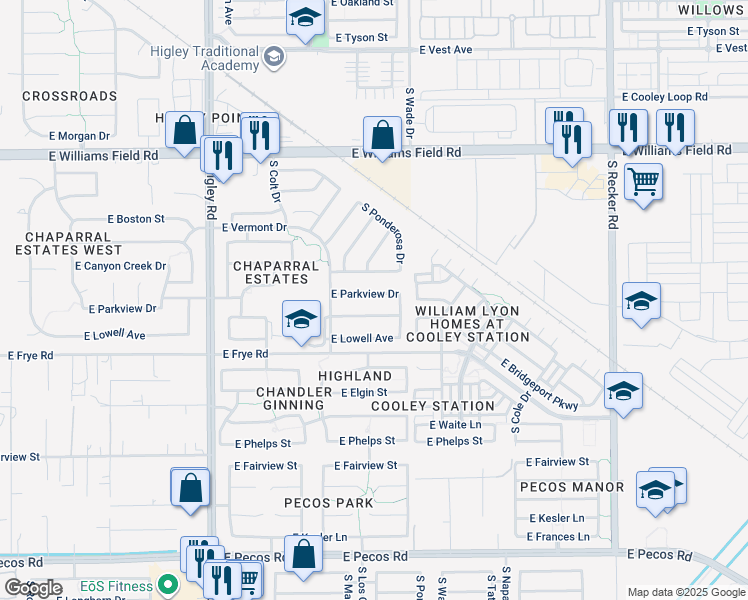 map of restaurants, bars, coffee shops, grocery stores, and more near 3515 East Parkview Drive in Gilbert