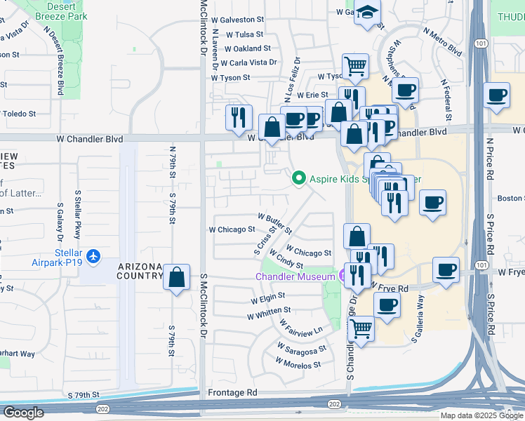 map of restaurants, bars, coffee shops, grocery stores, and more near 198 South Los Feliz Drive in Chandler