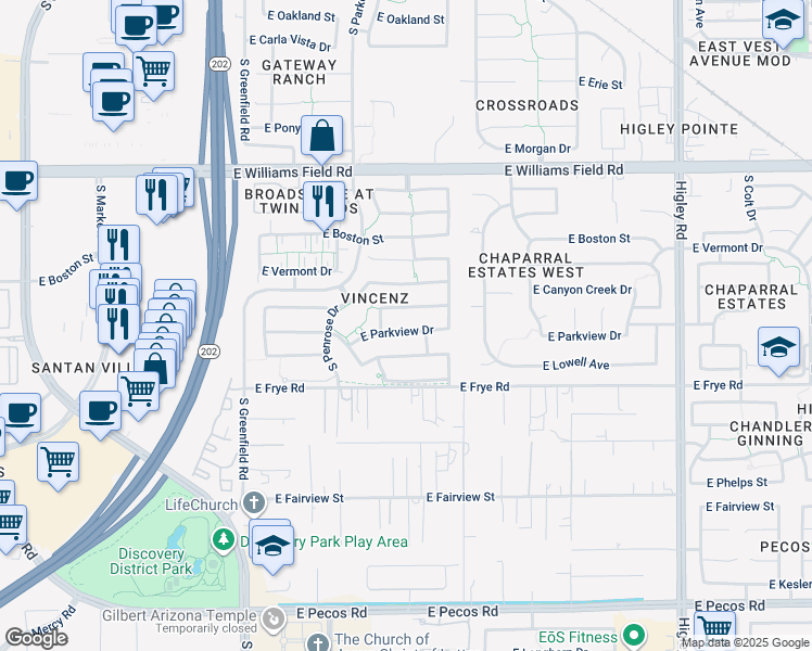 map of restaurants, bars, coffee shops, grocery stores, and more near 2692 East Parkview Drive in Gilbert