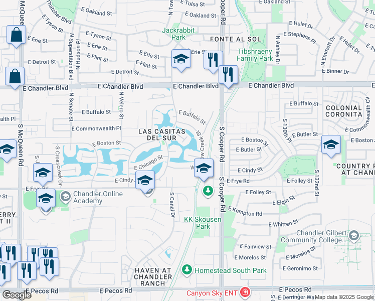 map of restaurants, bars, coffee shops, grocery stores, and more near 1740 East Boston Circle in Chandler