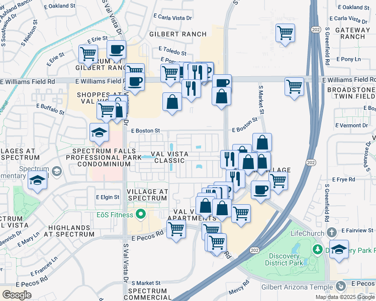 map of restaurants, bars, coffee shops, grocery stores, and more near 1860 East Bridgeport Parkway in Gilbert