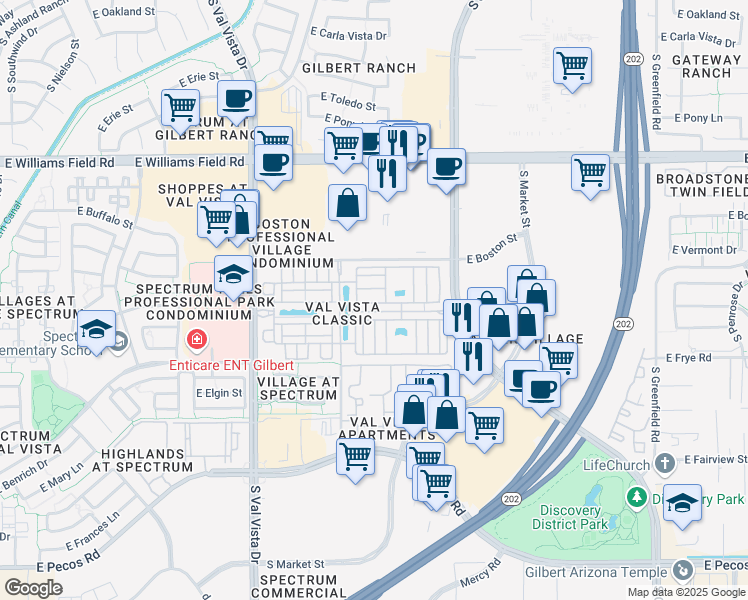 map of restaurants, bars, coffee shops, grocery stores, and more near 1860 East Bridgeport Parkway in Gilbert