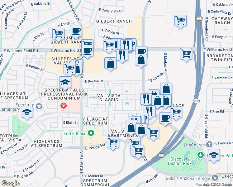 map of restaurants, bars, coffee shops, grocery stores, and more near 1860 East Bridgeport Parkway in Gilbert