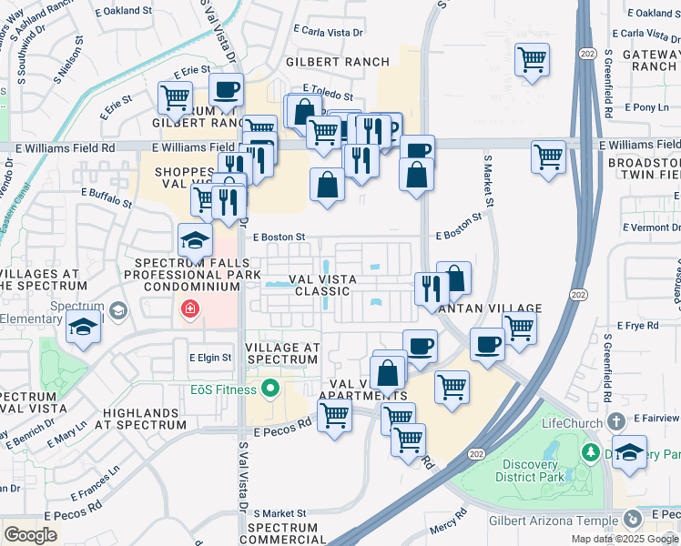 map of restaurants, bars, coffee shops, grocery stores, and more near 2670 South Voyager Drive in Gilbert