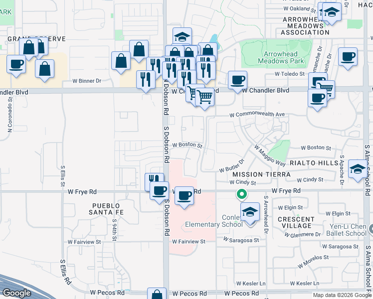 map of restaurants, bars, coffee shops, grocery stores, and more near 125 South Dobson Road in Chandler