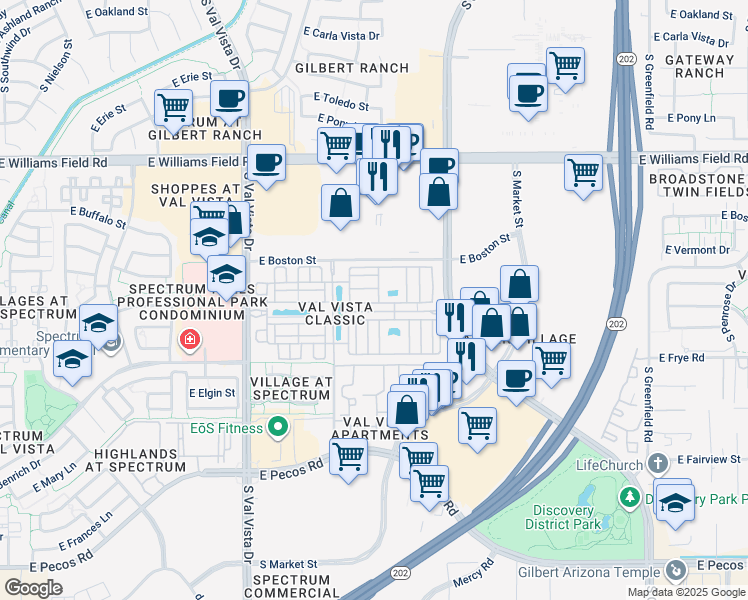 map of restaurants, bars, coffee shops, grocery stores, and more near 1848 East Hampton Lane in Gilbert