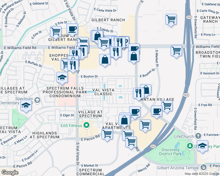 map of restaurants, bars, coffee shops, grocery stores, and more near 1824 East Hampton Lane in Gilbert