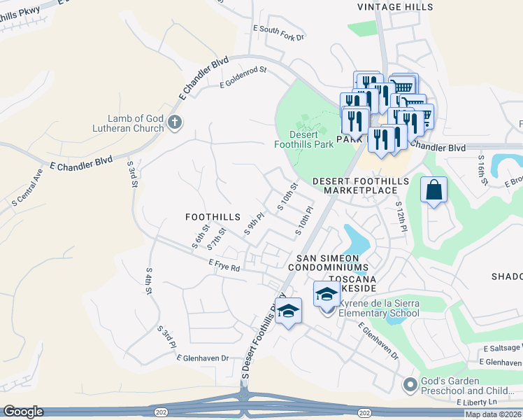 map of restaurants, bars, coffee shops, grocery stores, and more near 16004 South 9th Place in Phoenix