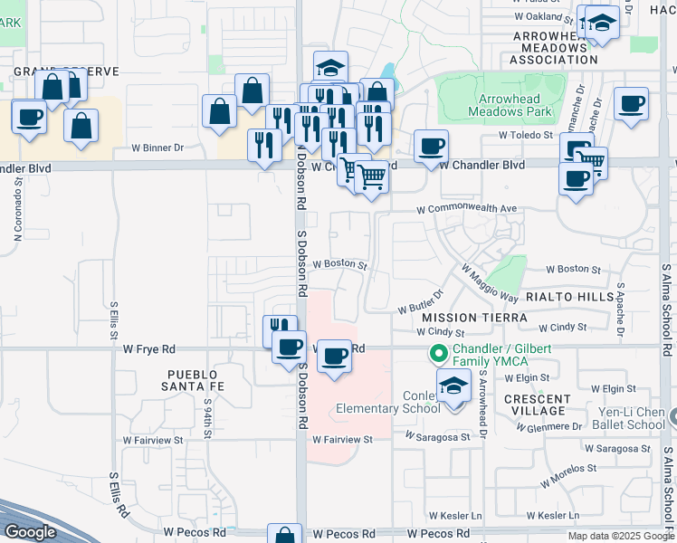 map of restaurants, bars, coffee shops, grocery stores, and more near 125 South Dobson Road in Chandler